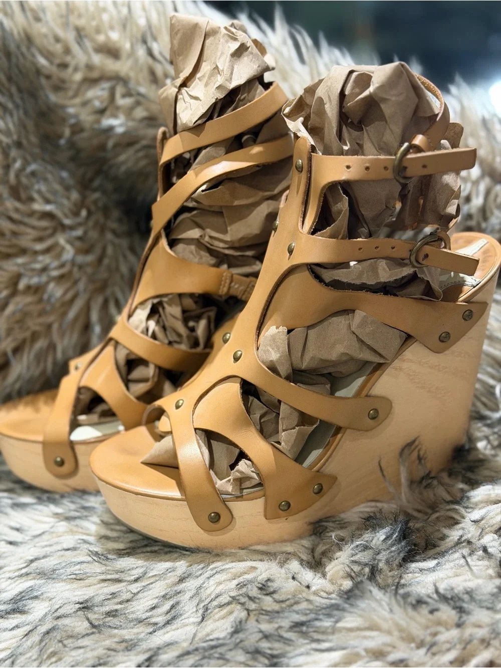 Max Studio Tan Leather Strappy Wedge Sandals